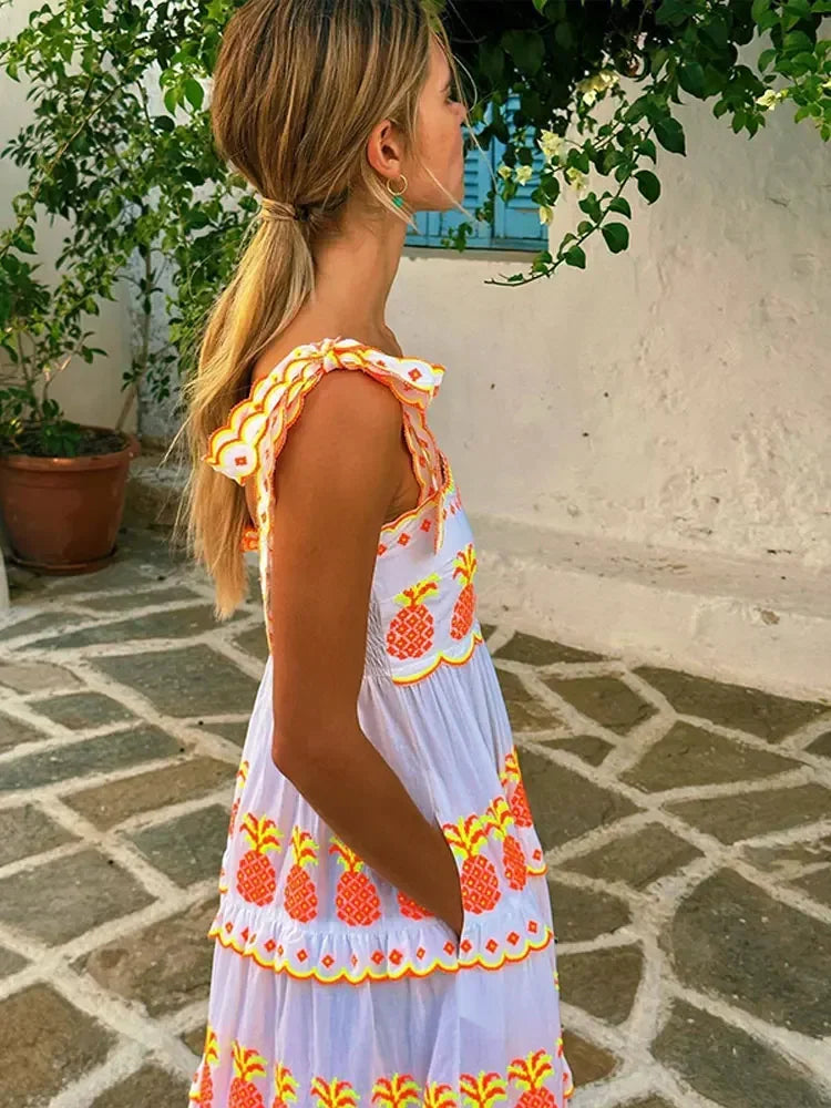 Women Contrasting Printed Sling Lace Up Maxi Dress Fashion Sleeveless Off Shoulder Loose Dresses Vintage Lady Street Vestidos