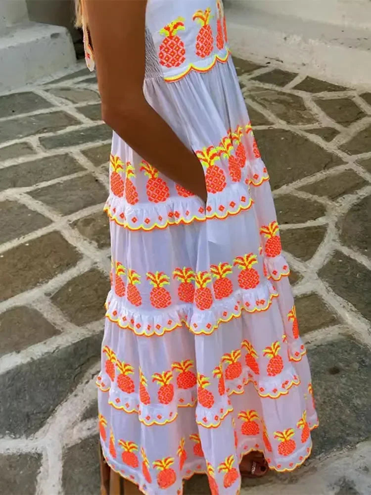 Women Contrasting Printed Sling Lace Up Maxi Dress Fashion Sleeveless Off Shoulder Loose Dresses Vintage Lady Street Vestidos