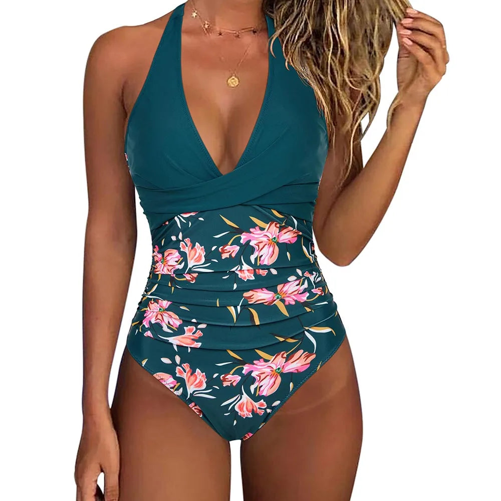 Women One Piece Set Swimsuit Print Backless Puch Up Solid Sexy Women's Swimwear Bandage Ruched Female Bathing Suit Beachwear