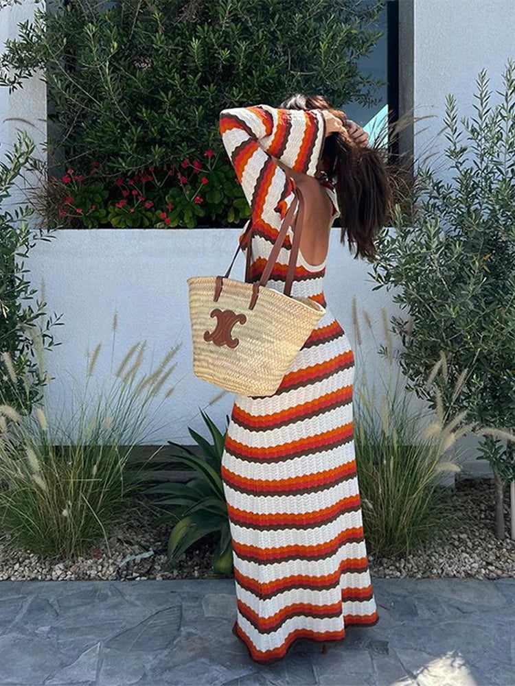 Women's Cotton Knitted Bodycon Backless Dress Striped Hollowed Out Flared Sleeves Ruffle Vestidos O-neck Vacation Wave Cut Robe