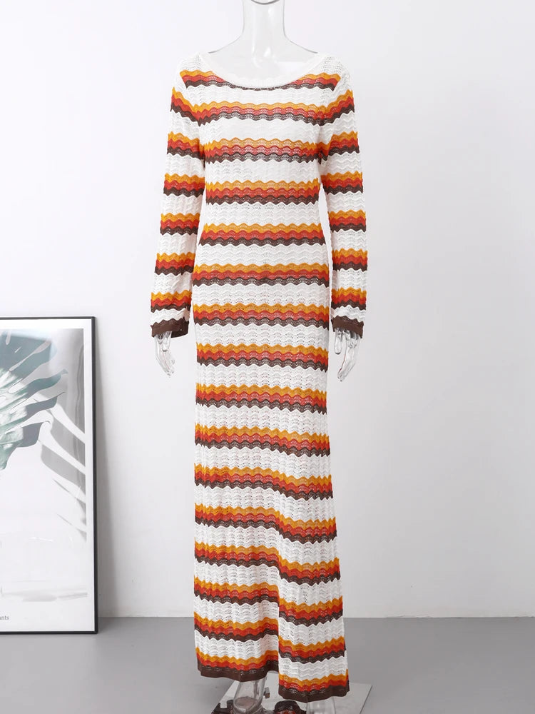 Women's Cotton Knitted Bodycon Backless Dress Striped Hollowed Out Flared Sleeves Ruffle Vestidos O-neck Vacation Wave Cut Robe