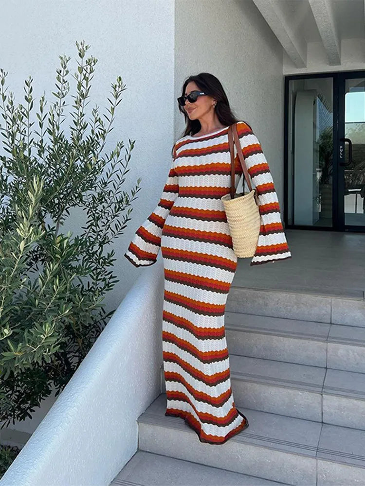 Women's Cotton Knitted Bodycon Backless Dress Striped Hollowed Out Flared Sleeves Ruffle Vestidos O-neck Vacation Wave Cut Robe