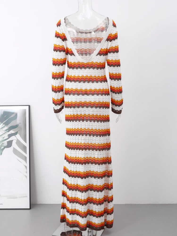 Women's Cotton Knitted Bodycon Backless Dress Striped Hollowed Out Flared Sleeves Ruffle Vestidos O-neck Vacation Wave Cut Robe