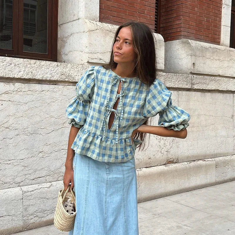 Women's Shirt Plaid Bow Lace Up Fashion Loose O-neck Puff Short Sleeve Female Blouses 2024 Spring Summer Casual Hollow Out Tops