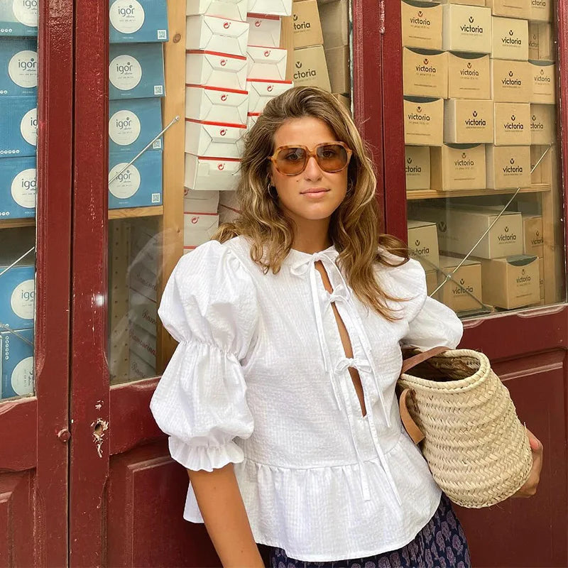 Women's Shirt Plaid Bow Lace Up Fashion Loose O-neck Puff Short Sleeve Female Blouses 2024 Spring Summer Casual Hollow Out Tops
