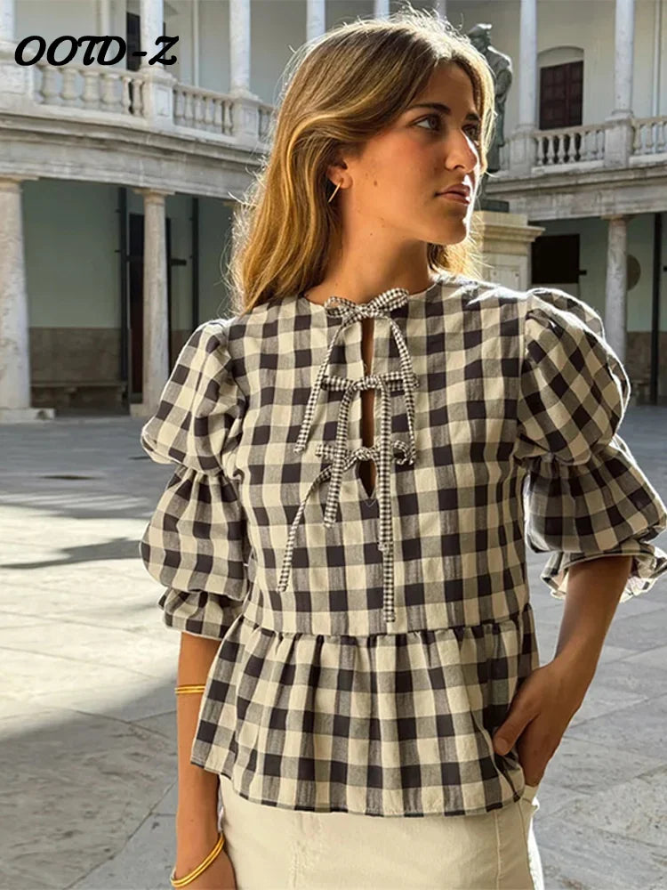 Women's Shirt Plaid Bow Lace Up Fashion Loose O-neck Puff Short Sleeve Female Blouses 2024 Spring Summer Casual Hollow Out Tops