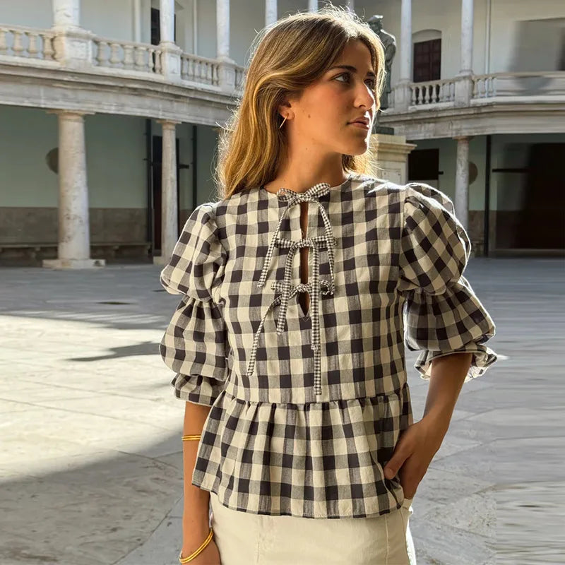 Women's Shirt Plaid Bow Lace Up Fashion Loose O-neck Puff Short Sleeve Female Blouses 2024 Spring Summer Casual Hollow Out Tops