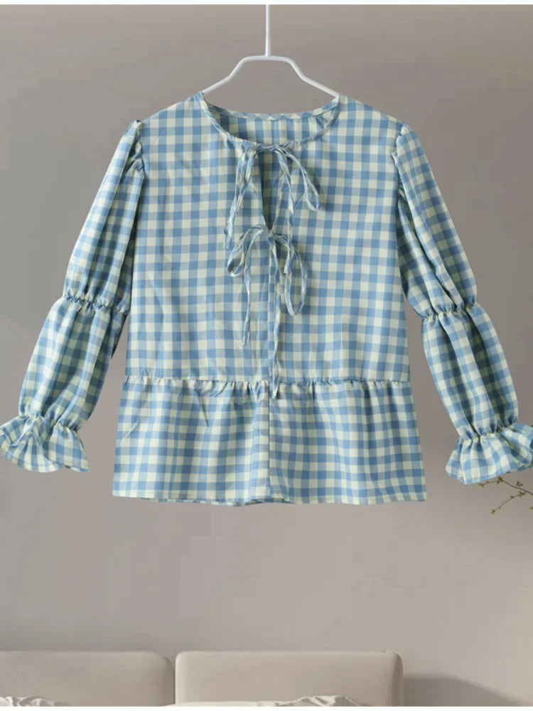 Women's Shirt Plaid Bow Lace Up Fashion Loose O-neck Puff Short Sleeve Female Blouses 2024 Spring Summer Casual Hollow Out Tops