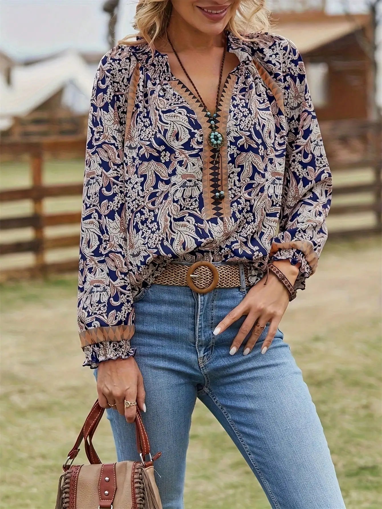 Women's Spring and Autumn Bohemian Print Long Sleeve Tunic Blouse