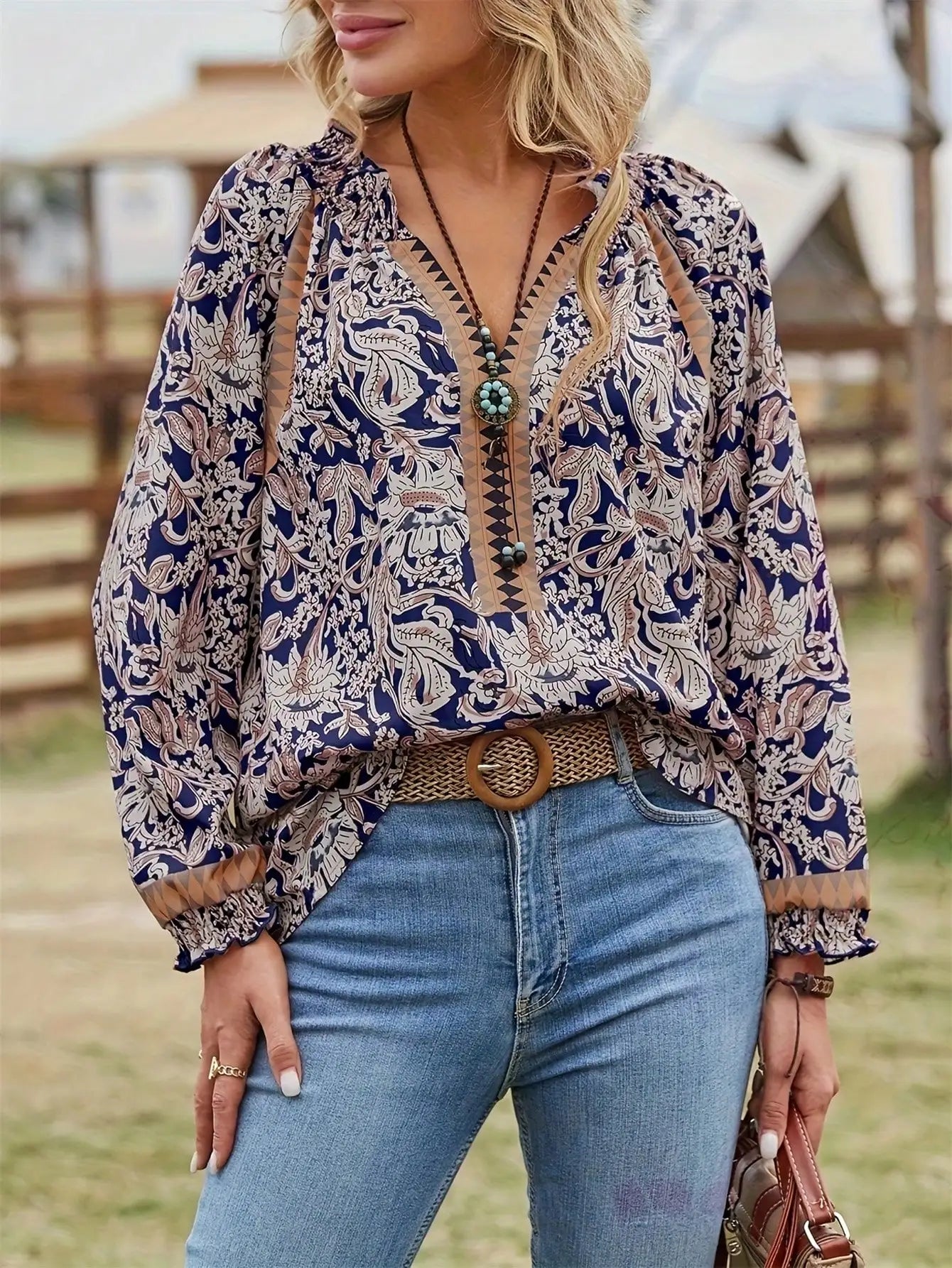 Women's Spring and Autumn Bohemian Print Long Sleeve Tunic Blouse