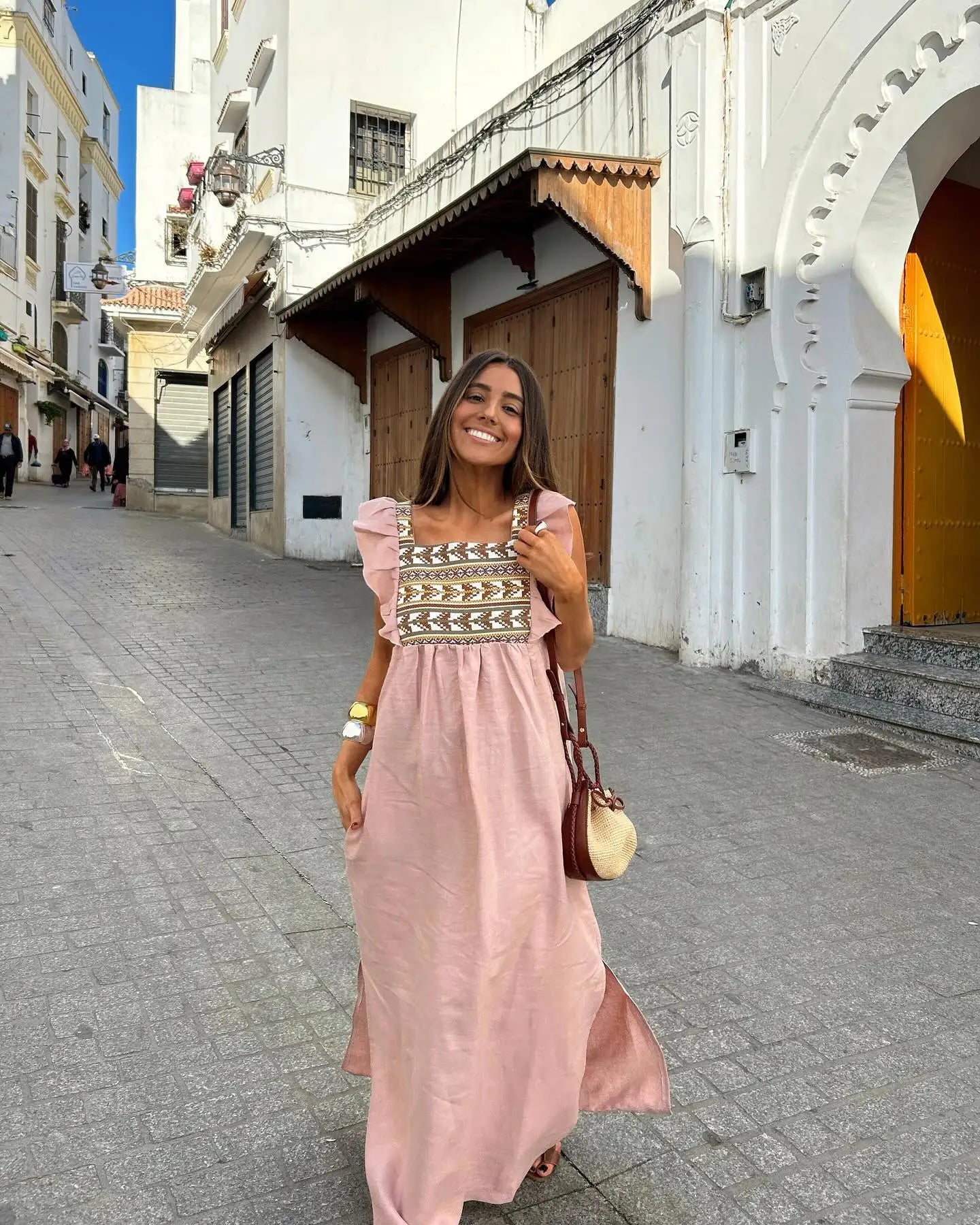 Women's Vintage Printed Flare Sleeve Dress Elegant Square Neck High Waist Split A-line Dresses 2024 Summer Vacation Robe