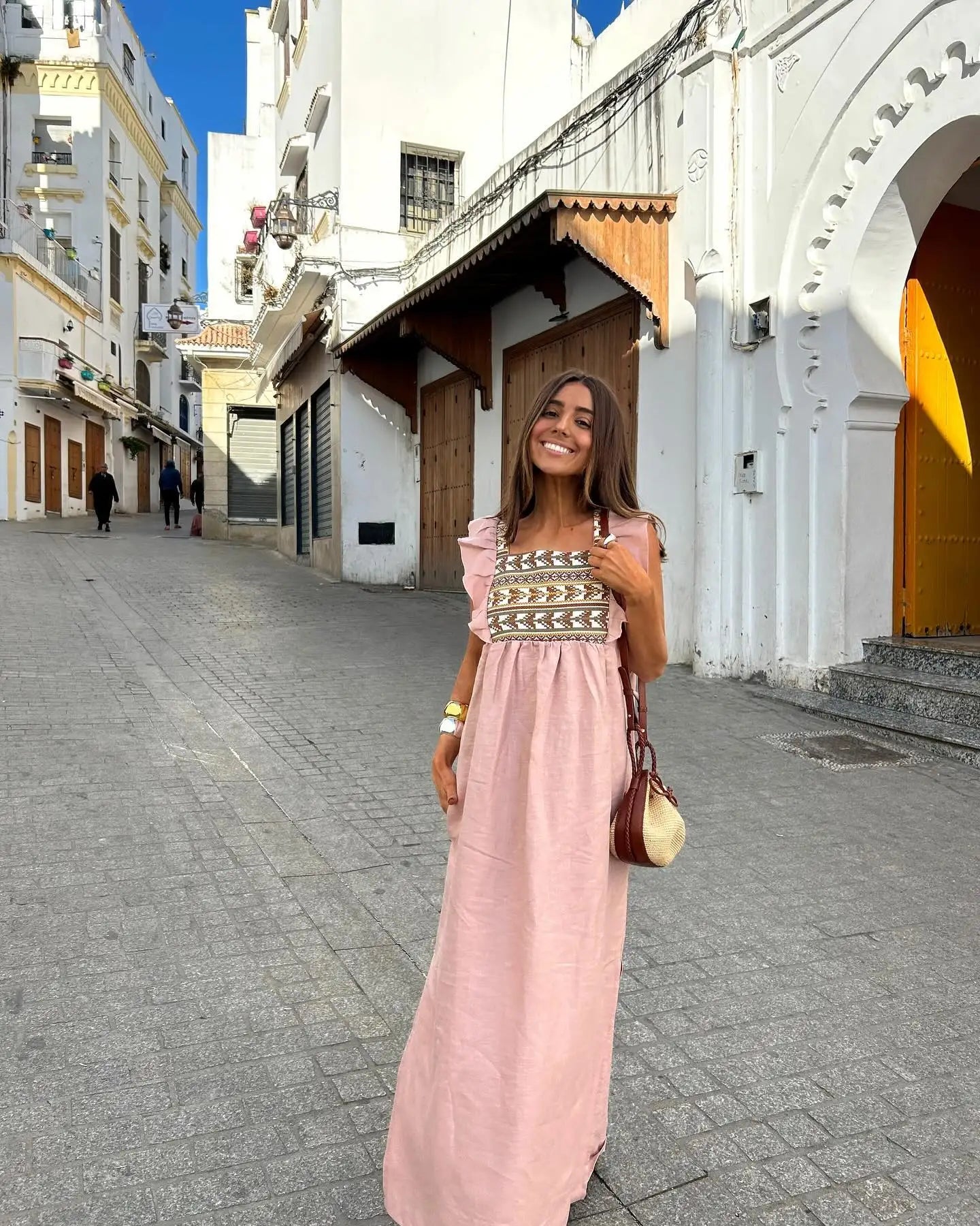 Women's Vintage Printed Flare Sleeve Dress Elegant Square Neck High Waist Split A-line Dresses 2024 Summer Vacation Robe