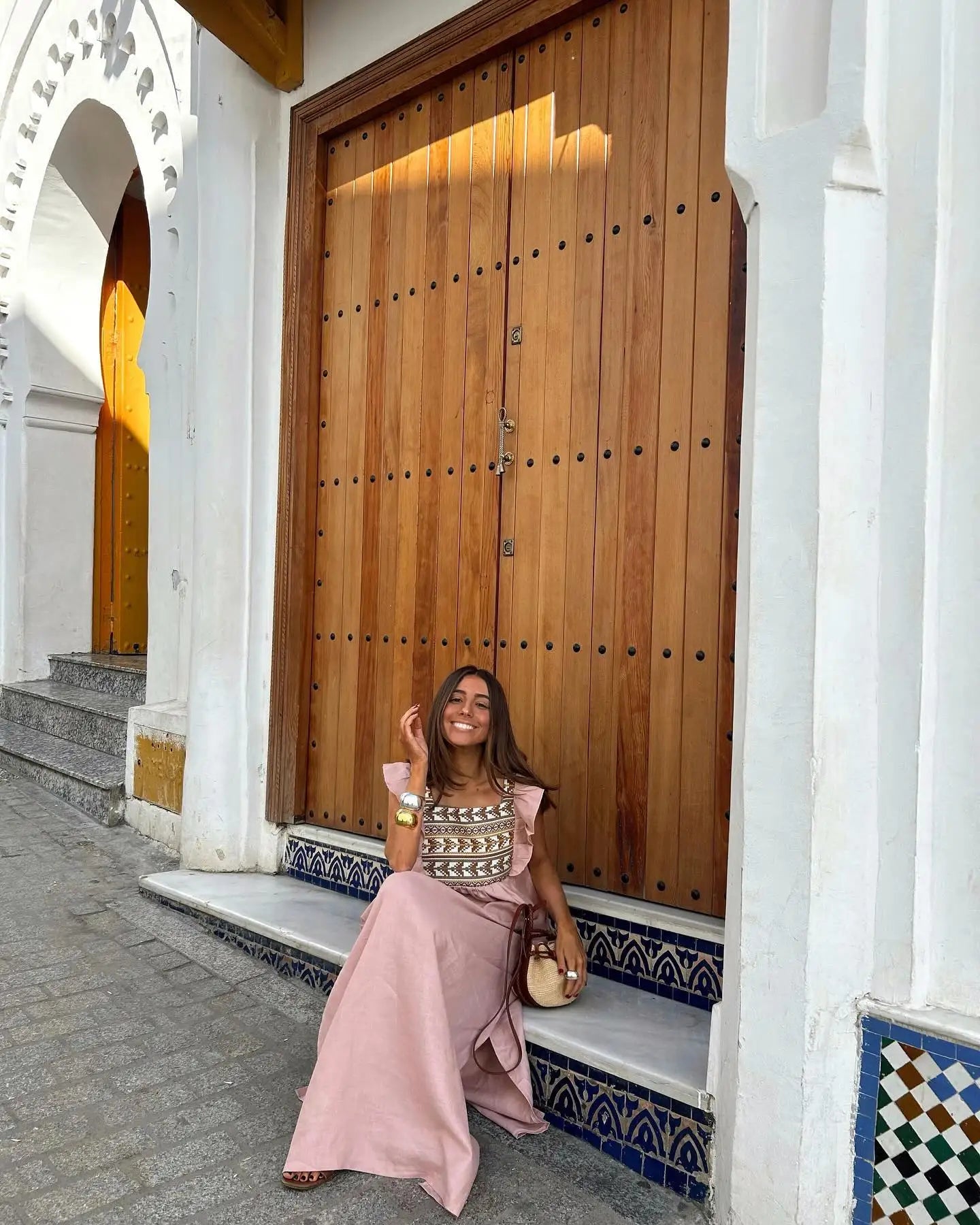Women's Vintage Printed Flare Sleeve Dress Elegant Square Neck High Waist Split A-line Dresses 2024 Summer Vacation Robe