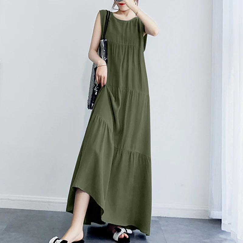 ZANZEA 2023 Stylish Women's Ruffle Sundress Solid Summer Dress Casual Sleeveless Maxi Vestidos Female O neck Robe Oversized