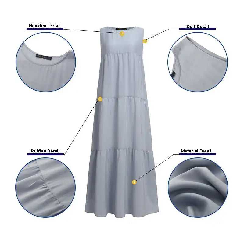 ZANZEA 2023 Stylish Women's Ruffle Sundress Solid Summer Dress Casual Sleeveless Maxi Vestidos Female O neck Robe Oversized