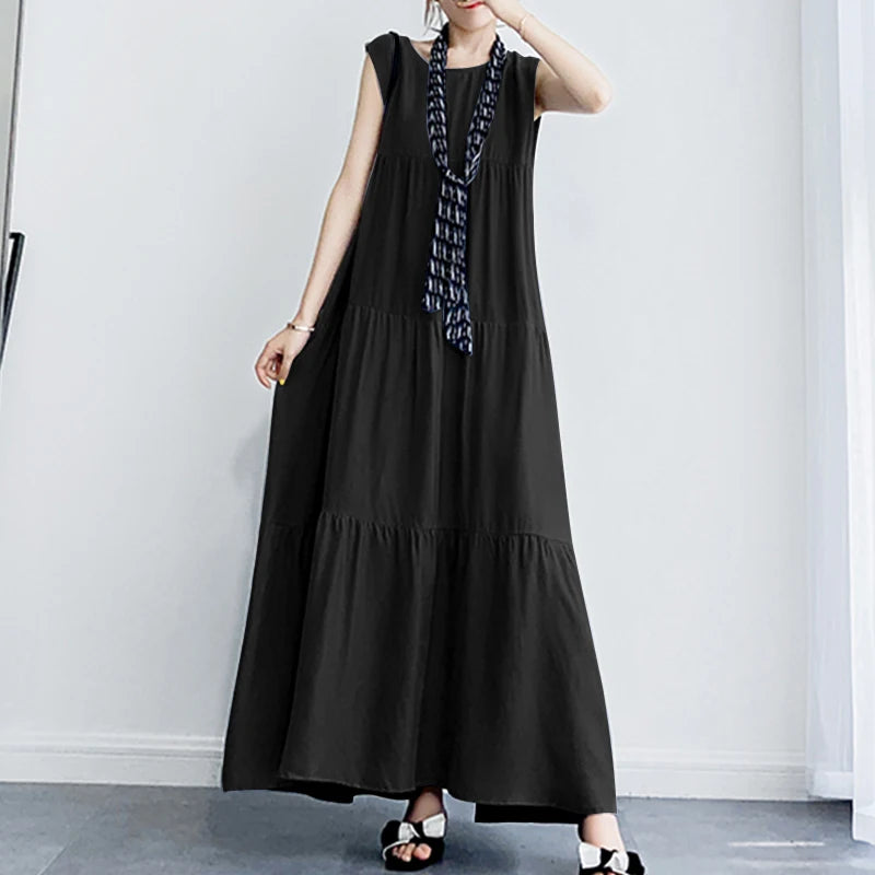 ZANZEA 2023 Stylish Women's Ruffle Sundress Solid Summer Dress Casual Sleeveless Maxi Vestidos Female O neck Robe Oversized