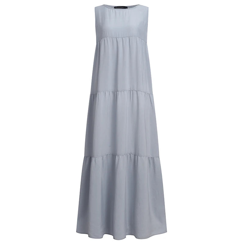 ZANZEA 2023 Stylish Women's Ruffle Sundress Solid Summer Dress Casual Sleeveless Maxi Vestidos Female O neck Robe Oversized