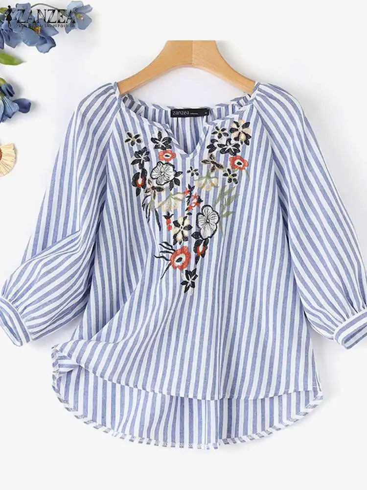 Fashion V Neck 3/4 Sleeve Embroidery Floral Blouse Women Summer Bohemian Striped Tops Casual Holiday Shirt Work Blusas