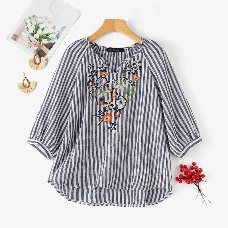 Fashion V Neck 3/4 Sleeve Embroidery Floral Blouse Women Summer Bohemian Striped Tops Casual Holiday Shirt Work Blusas