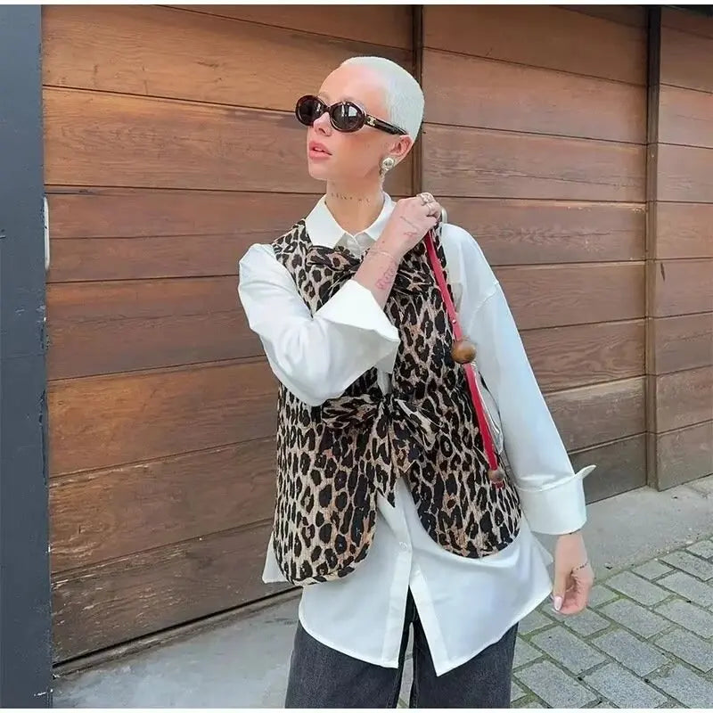 ZAURA Spring/Summer 2024 New Women's V-neck Bow Decoration Fashion Leopard Pattern Vest