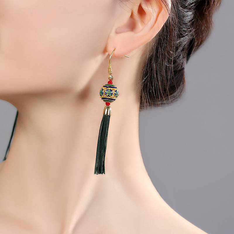 New Tinetan Cloisonne Green Tassel Ethnic Style Women's Earrings Ancient Style with Cheongsam Earrings