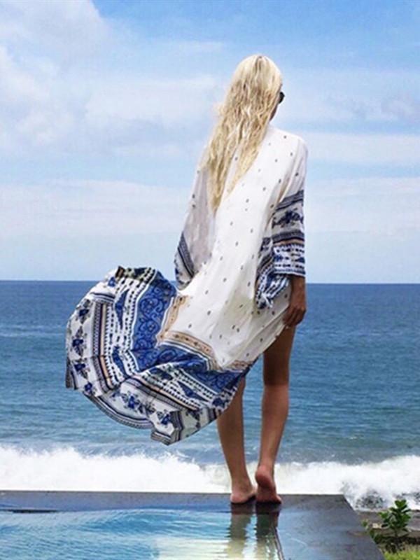 Shemed White Treasure Print Edgy Beach Dress Loose Holiday Cardigan Tanning Hoodie Blouse