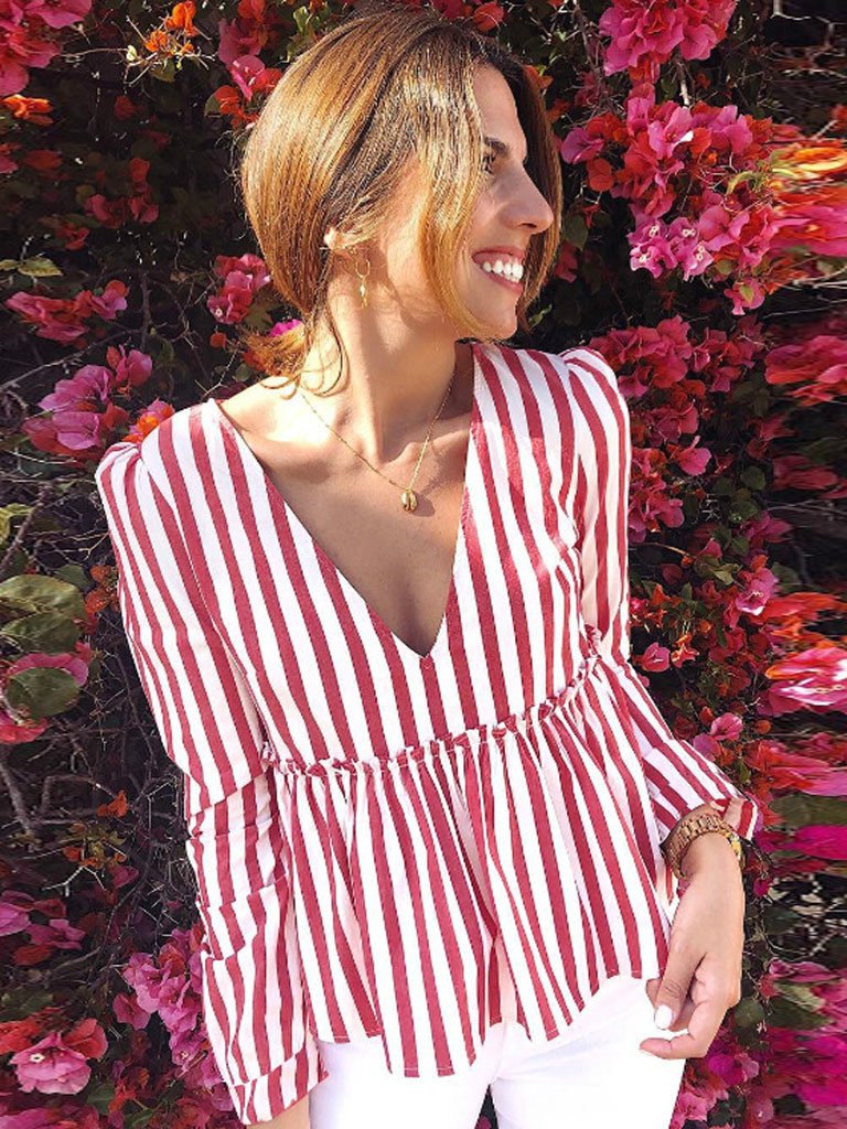 Tops Womens new arrived Casual Striped V-Neck Full sleeve Shirt brief t-shirt