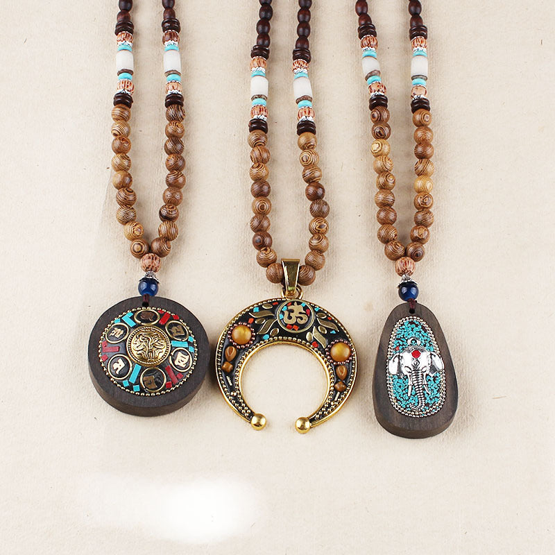 Ethnic retro wooden beads necklace Nepal style handmade creative pendants jewelry accessories