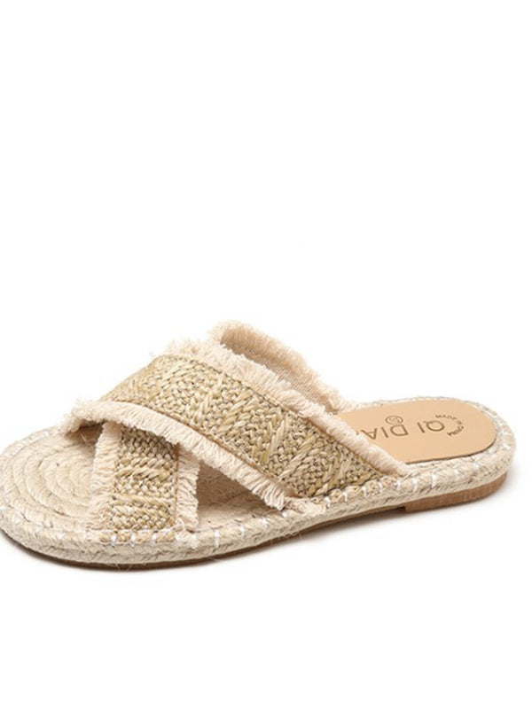 Wild Fringed Woven Cross Slipper Straw Beach Slippers