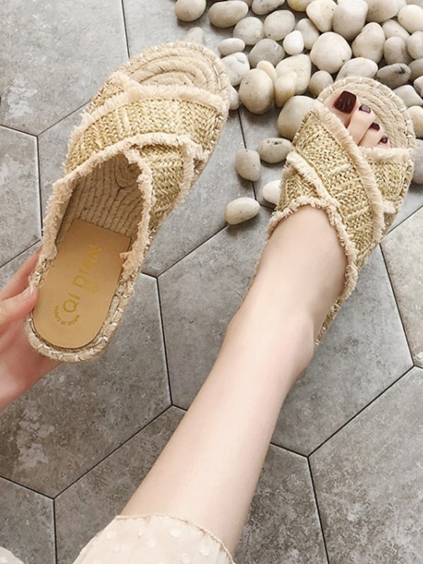 Wild Fringed Woven Cross Slipper Straw Beach Slippers