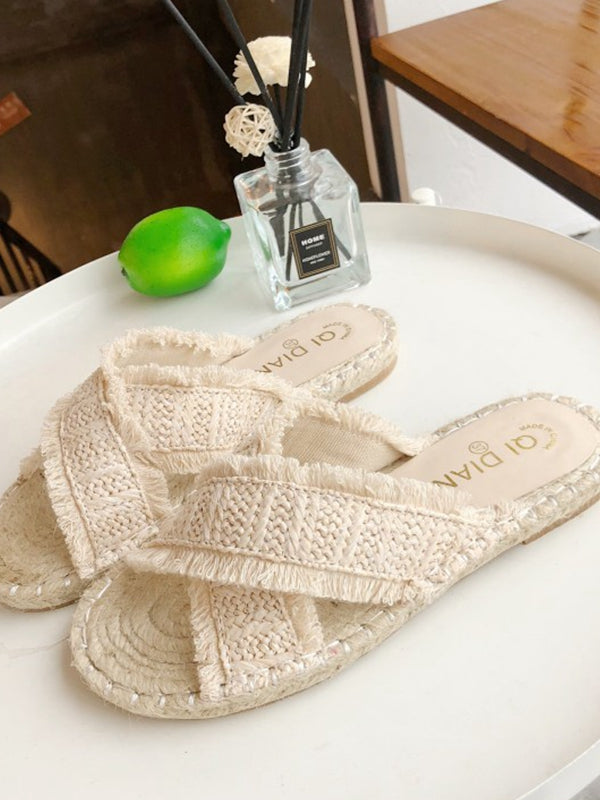 Wild Fringed Woven Cross Slipper Straw Beach Slippers