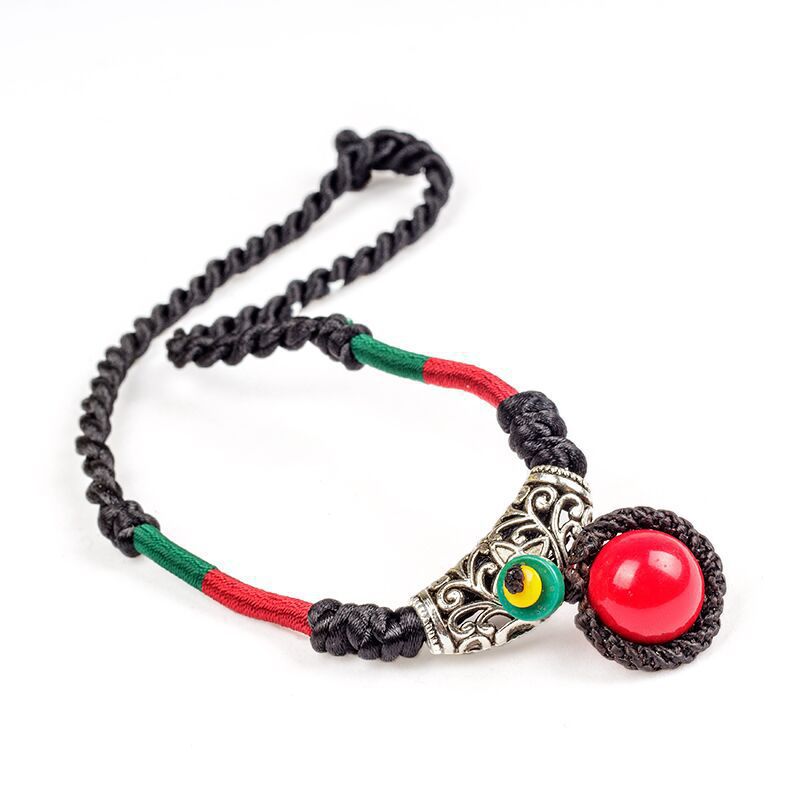 Original National Style Hand-woven Buckle Red Ball Women's Necklace Retro Cotton Hemp Accessory Red Bean Collarbone Chain
