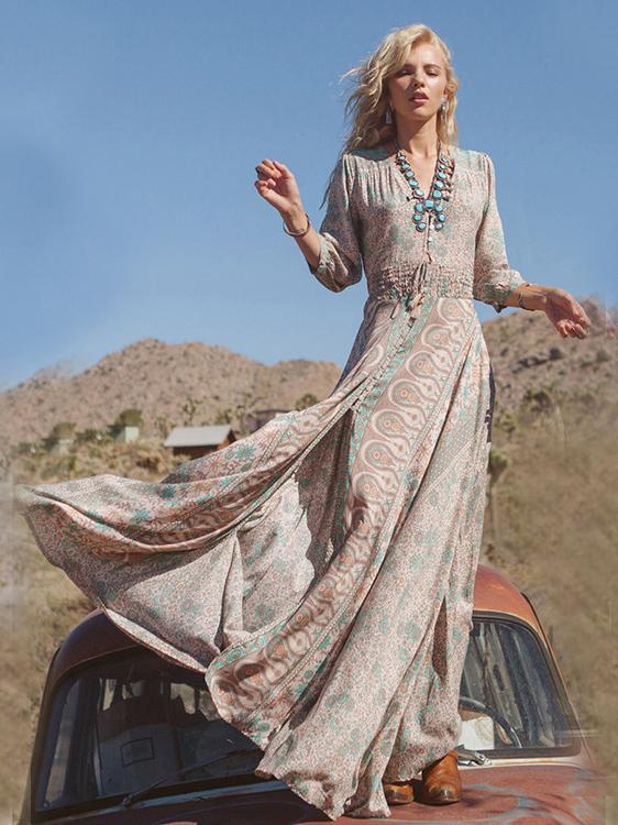 Split print women long maxi bohemian dress