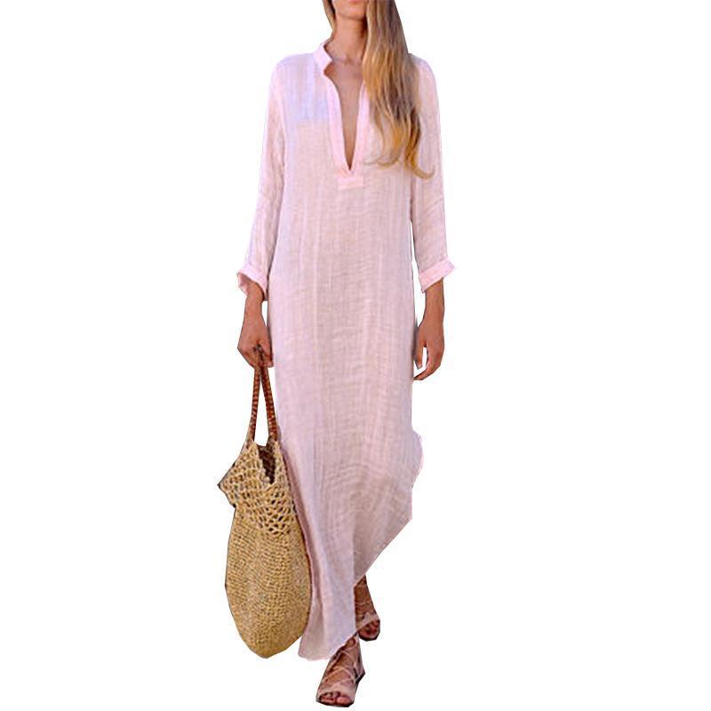 Solid Color V Neck Long Sleeve Casual Maxi Dress