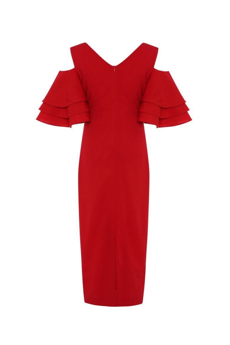 V Neck Solid Color Ruffle Bodycon Dress