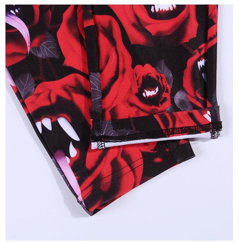 Women's Dark Gothic Rose Print Knee Cutout Leggings Pants