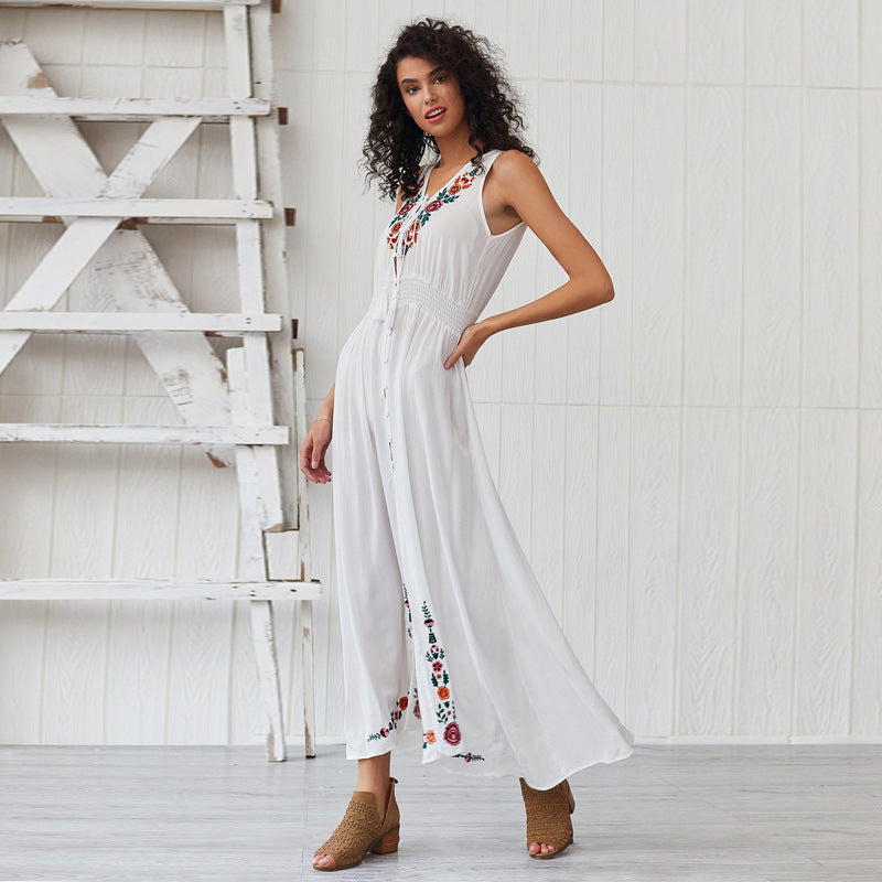 V-neck Embroidered Sleeveless Holiday Dress