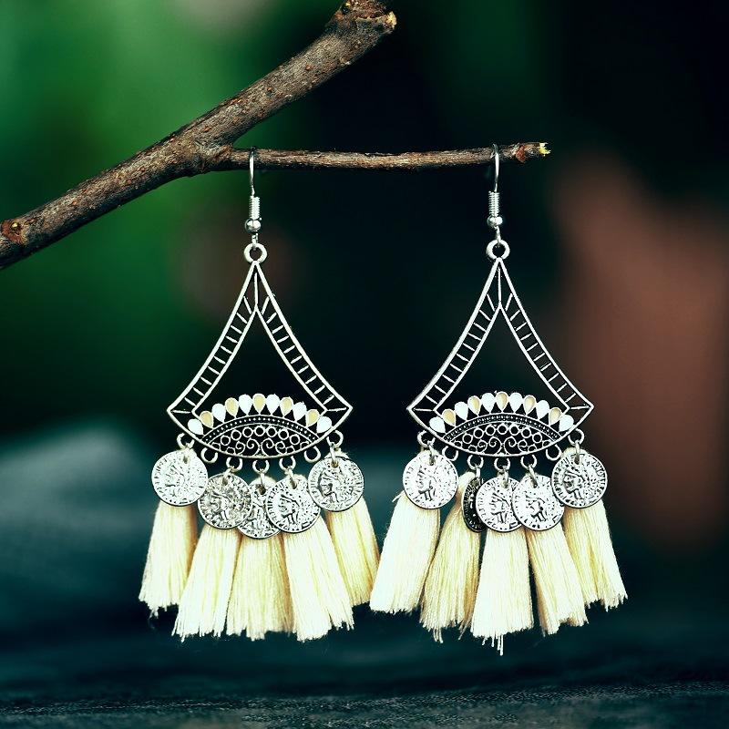 Coin Sector Color Matching Tassel Personality Ethnic Earrings