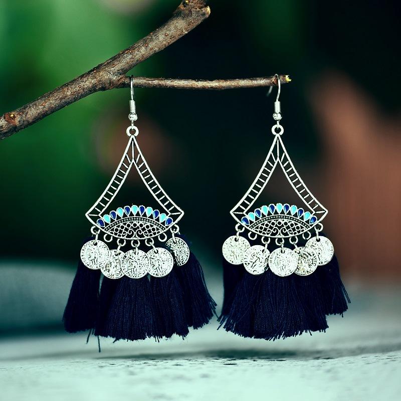 Coin Sector Color Matching Tassel Personality Ethnic Earrings