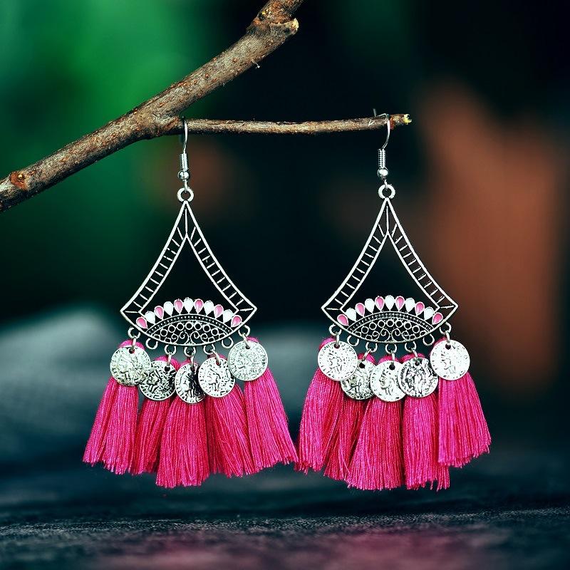 Coin Sector Color Matching Tassel Personality Ethnic Earrings