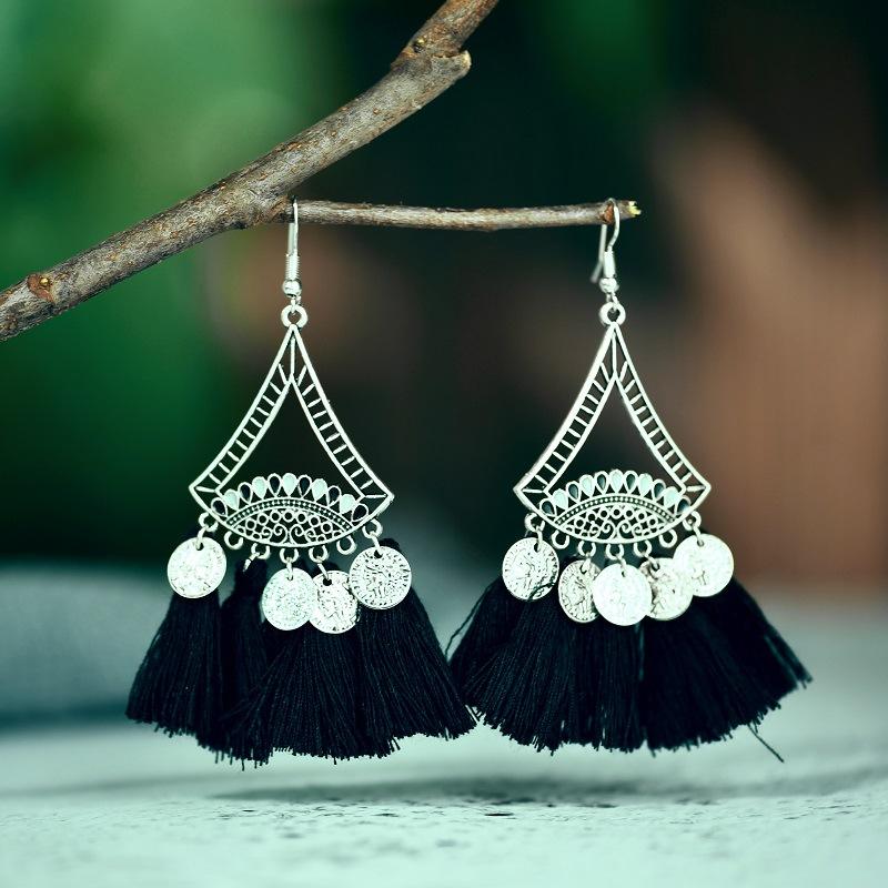 Coin Sector Color Matching Tassel Personality Ethnic Earrings