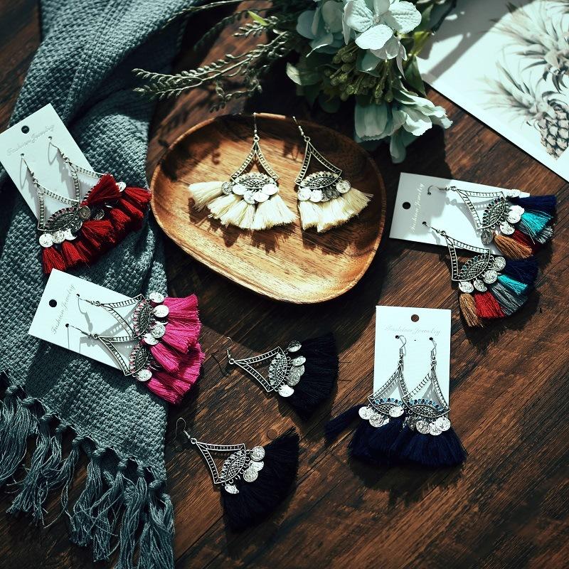 Coin Sector Color Matching Tassel Personality Ethnic Earrings