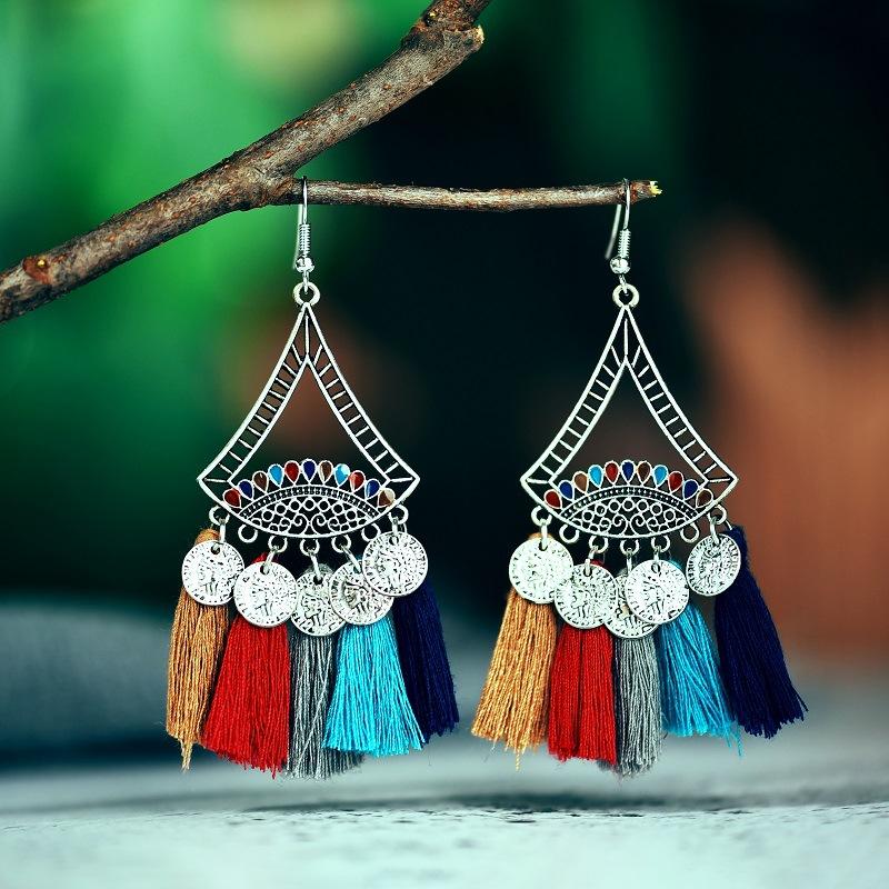 Coin Sector Color Matching Tassel Personality Ethnic Earrings