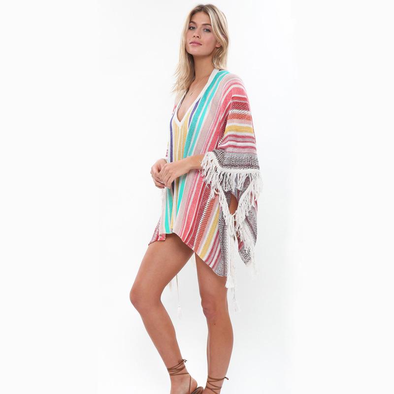 Sunscreen Beach Women's Knitting Multi-color Tassel Beach Holiday Bikini Swimsuit Cover Up