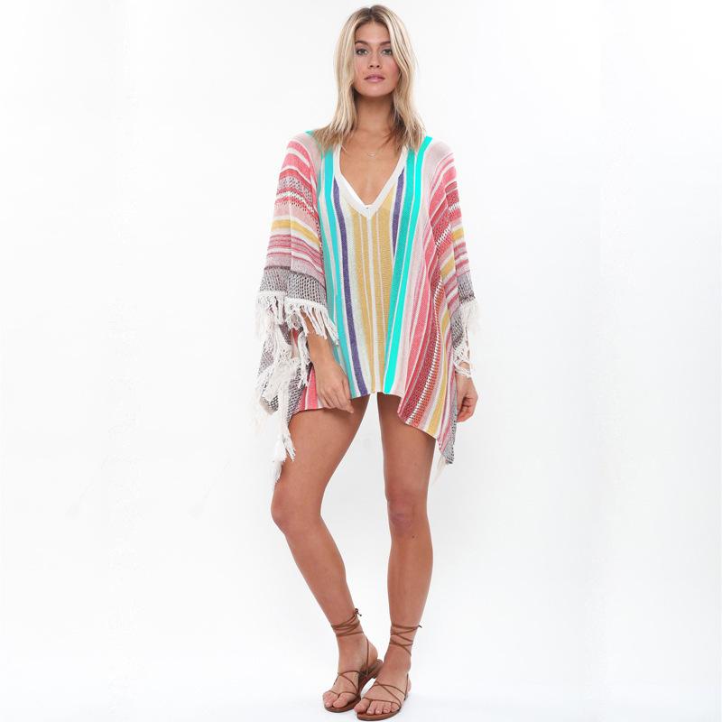 Sunscreen Beach Women's Knitting Multi-color Tassel Beach Holiday Bikini Swimsuit Cover Up