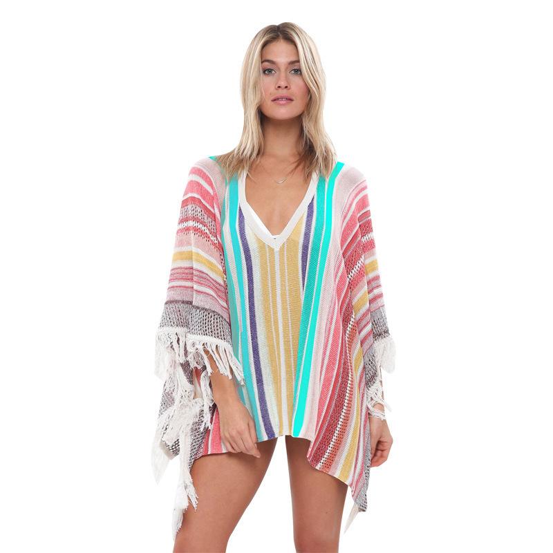 Sunscreen Beach Women's Knitting Multi-color Tassel Beach Holiday Bikini Swimsuit Cover Up