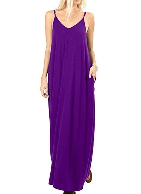 Summer Spaghetti Strap Pocket Plain Maxi Dress