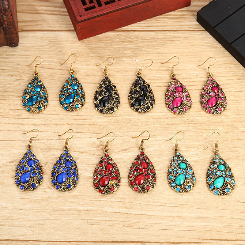 Creative Water Drop Gem Inlaid Ancient National Style Earrings