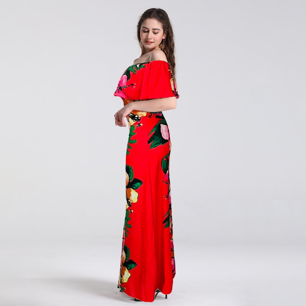 Explosions A Word Collar Wrapped Chest Women's Shoulder-length Printed Dress