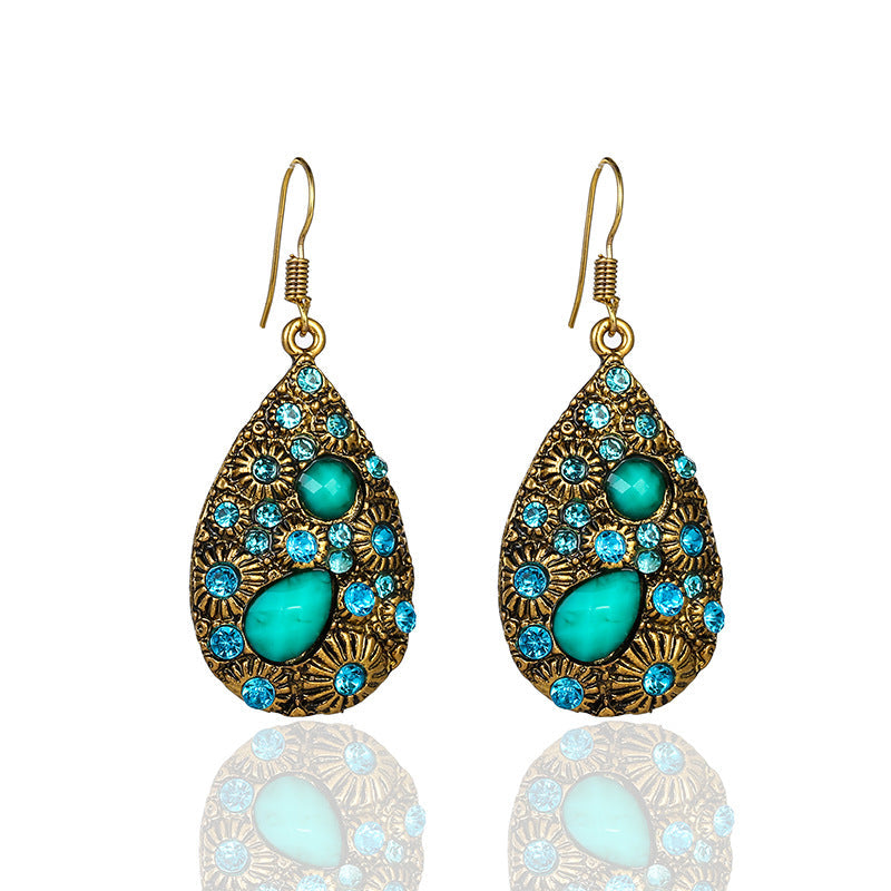 Creative Water Drop Gem Inlaid Ancient National Style Earrings